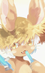Rule 34 | 1other, :3, animal ears, brown fur, chachi (azuzu), ears through headwear, fangs, food, furry, hair between eyes, hands up, hat, holding, holding food, horizontal pupils, incoming food, looking at viewer, made in abyss, nanachi (made in abyss), open mouth, other focus, short hair, simple background, solo, straw hat, sun hat, topless, tupet, upper body, white background, white hair, yellow eyes