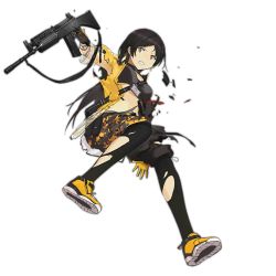 Rule 34 | 1girl, arm tattoo, assault rifle, black bra, black hair, black legwear, bra, breasts, brown eyes, camouflage, clenched teeth, damaged, ear piercing, earrings, full body, girls&#039; frontline, gloves, gun, holding, holding gun, holding weapon, insas, insas (girls&#039; frontline), jacket, jewelry, kieed, long hair, looking away, name tag, navel, official art, parted bangs, piercing, rifle, shoes, shorts, solo, stomach, strap, tattoo, teeth, torn clothes, torn jacket, torn legwear, torn shorts, torn sleeves, transparent background, two-tone, underwear, weapon, yellow footwear, yellow jacket