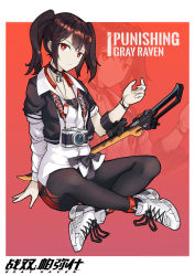 Rule 34 | 1girl, asymmetrical sleeves, black pantyhose, border, camera, choker, closed mouth, collared shirt, full body, hair ornament, hairpin, highres, indian style, jacket, katana, looking at viewer, lucia: dawn (holiday of eden) (punishing: gray raven), lucia (punishing: gray raven), medium hair, on floor, pantyhose, punishing: gray raven, red background, red eyes, red hair, shirt, shoes, sitting, sneakers, solo, sword, twintails, uneven sleeves, watchmen-001, weapon, white footwear, white shirt