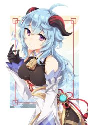 Rule 34 | 1girl, ahoge, bare shoulders, bell, black gloves, blue hair, breasts, chinese knot, detached sleeves, flower knot, ganyu (genshin impact), genshin impact, gloves, gold trim, highres, horns, jeungi, long hair, looking at viewer, medium breasts, neck bell, purple eyes, smile, solo, tassel, thighlet, vision (genshin impact), white sleeves
