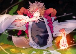 Rule 34 | 1boy, animal ears, bad id, bad pixiv id, blonde hair, bodypaint, caesar anthonio zeppeli, facial mark, fox ears, fox tail, glowing, japanese clothes, jojo no kimyou na bouken, kemonomimi mode, kimono, layered clothes, male focus, redrawn, senzzang, simple background, solo, tail