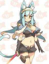 Rule 34 | 1girl, animal ear fluff, animal ears, black shorts, blue capelet, blue hair, breasts, capelet, cat ears, cat tail, closed mouth, commentary request, cowboy shot, gloves, hairband, highres, holding, holding sword, holding weapon, large breasts, looking at viewer, navel, orange eyes, perky breasts, pointy breasts, pouch, short shorts, shorts, smile, solo, standing, sword, tail, thigh pouch, vins-mousseux, weapon