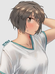 Rule 34 | 1girl, alternate costume, arm behind head, blouse, blush, breasts, brown eyes, brown hair, commentary request, ergot, grey background, highres, kantai collection, looking at viewer, medium breasts, miyuki (kancolle), parted lips, shirt, short hair, signature, simple background, solo, sweat, upper body, v-neck, white shirt