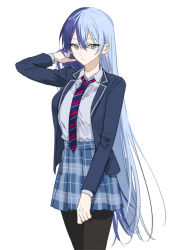 Rule 34 | 1girl, adjusting hair, black pantyhose, blue hair, blue jacket, blue necktie, blue skirt, character request, closed mouth, collared shirt, copyright request, cowboy shot, crossed bangs, diagonal-striped clothes, diagonal-striped necktie, grey eyes, hair between eyes, hand in own hair, hand up, hk (wgyz7222), jacket, kamiyama high school uniform (project sekai), light blue hair, long hair, long sleeves, looking at viewer, mole, mole under eye, multicolored hair, necktie, pantyhose, plaid, plaid skirt, pleated skirt, red necktie, school uniform, shirt, skirt, solo, standing, striped clothes, striped necktie, two-tone hair, white background, white shirt