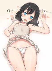 Rule 34 | 1girl, @ @, bare arms, bare shoulders, black hair, blue eyes, camisole, commentary request, drooling, gradient background, head tilt, heart, highres, lifted by self, looking at viewer, lying, navel, nonono (mino), on back, original, panties, patch, side-tie panties, smile, solo, sparkle, stitches, sweat, underwear, white background, white panties