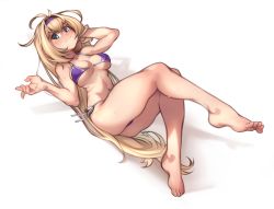Rule 34 | 1girl, absurdres, barefoot, bikini, blonde hair, blue eyes, blush, breasts, commission, embarrassed, full body, granblue fantasy, hair intakes, hairband, hand in own hair, highres, invisible chair, jeanne d&#039;arc (granblue fantasy), kelvin hiu, leg up, long hair, looking at viewer, medium breasts, messy hair, navel, o-ring, o-ring bikini, purple bikini, purple hairband, reclining, revision, side-tie bikini bottom, sitting, solo, sweatdrop, swimsuit, thick thighs, thighs, toes, underboob, very long hair