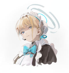 Rule 34 | 1girl, apron, blonde hair, blue archive, blue bow, blue bowtie, blue eyes, blue ribbon, bow, bowtie, bun cover, cropped torso, douya (233), frilled apron, frills, hair ribbon, half-closed eyes, halo, headset, looking at viewer, maid headdress, parted lips, ribbon, simple background, solo, toki (blue archive), tsurime, upper body, white apron, white background