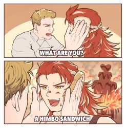 Rule 34 | 2boys, blonde hair, bread, bread slice, cake, chef, chocolate cake, english text, food, food on face, gordon ramsay, granblue fantasy, hell&#039;s kitchen, highres, holding, holding food, idiot sandwich (meme), long hair, looking at another, male focus, meme, multicolored hair, multiple boys, ooedogyuudon, open mouth, real life, red hair, shirt, short hair, smile, two-tone hair, upper body, white hair, white shirt, wilnas (granblue fantasy)