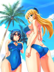 Rule 34 | 10s, 2girls, ass, atago (kancolle), black hair, blonde hair, breasts, butt crack, cameltoe, cleavage, cleavage cutout, clothing cutout, curvy, covered erect nipples, from below, green eyes, hat, highres, kantai collection, large breasts, long hair, multiple girls, palm tree, red eyes, short hair, swimsuit, takao (kancolle), thigh gap, tree, urase shioji, wide hips