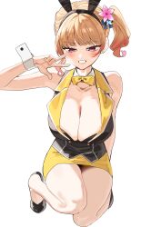 Rule 34 | 1girl, 2l (2lsize), animal ears, bare shoulders, blonde hair, blush, bow, bowtie, breasts, bunny garden, buttons, cleavage, collared vest, commentary request, double-breasted, fake animal ears, gradient hair, highres, hostess, kneeling, large breasts, looking at viewer, multicolored hair, nontraditional playboy bunny, pink eyes, pink hair, rabbit ears, rin (bunny garden), side ponytail, simple background, skirt, smile, solo, two-tone hair, v, vest, white background, wrist cuffs, yellow bow, yellow bowtie, yellow skirt