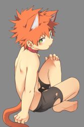 Rule 34 | 1boy, :p, animal ears, bell, bike shorts, cat ears, cat tail, collar, full body, green eyes, ikutsuki, looking at viewer, looking back, male focus, neck bell, original, red hair, shishi chan, shorts, simple background, solo, tail, tongue, tongue out, torn clothes, torn shorts