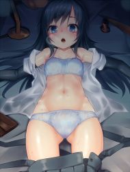 Rule 34 | 10s, 1girl, arm warmers, armpits, asashio (kancolle), ayagi daifuku, black hair, black thighhighs, blue bra, blue eyes, blue panties, blush, bra, breath, clothes pull, grey skirt, kantai collection, long hair, looking at viewer, lying, on back, open clothes, open mouth, open shirt, panties, pleated skirt, pov, school uniform, shirt, skirt, skirt pull, suspenders, sweat, thighhighs, underwear, wet, wet clothes