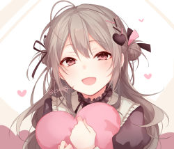 Rule 34 | 1girl, :d, black shirt, blush, brown hair, commentary request, double bun, hair between eyes, hair bun, hair ornament, hairclip, heart, heart hair ornament, kuroi (liar-player), long hair, hugging object, open mouth, original, puffy sleeves, red eyes, shirt, smile, solo, twitter username, upper body, white background