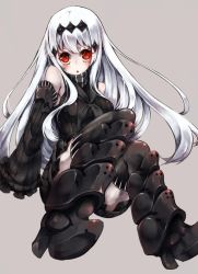 Rule 34 | 10s, 1girl, :o, abyssal ship, aircraft carrier water oni, armor, armored boots, bare shoulders, black dress, black footwear, black thighhighs, blush, boots, breasts, colored skin, detached sleeves, dress, feet, foot focus, glowing, glowing eyes, hair ornament, highres, kajaneko, kantai collection, large breasts, long hair, long sleeves, red eyes, ribbed dress, sailor dress, short dress, simple background, solo, striped, thighhighs, very long hair, white hair, white skin, zettai ryouiki