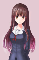 Rule 34 | 1girl, absurdres, arms behind back, brown eyes, brown hair, collarbone, highres, katou megumi, long hair, looking at viewer, maid daisuki, multicolored hair, neck ribbon, pink background, pink hair, red ribbon, ribbon, saenai heroine no sodatekata, school uniform, simple background, smile, solo, standing, two-tone hair, upper body, very long hair