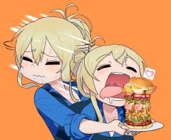 Rule 34 | 1girl, bad id, bad twitter id, bandaid, bandaid on hand, blonde hair, blue hoodie, blue jacket, blush, breasts, burger, closed eyes, collarbone, commentary request, drooling, food, french fries, hair between eyes, hair bun, hands up, holding, holding food, holding plate, hood, hood down, hooded jacket, hoodie, jacket, medium breasts, open mouth, original, plate, saliva, shaking head, short hair, sidelocks, single hair bun, sleeves rolled up, smile, solo, sweatdrop, teeth, tongue, tongue out, upper body, uvula, washi no tosaka, wavy mouth