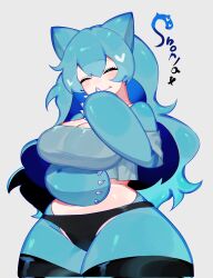 Rule 34 | animal ears, bear ears, bear girl, black hair, blue hair, blue skin, breasts, cleavage, closed eyes, colored skin, creatures (company), crop top, game freak, gen 1 pokemon, hand to own mouth, heart, highres, large breasts, long hair, midriff, multicolored hair, nintendo, panties, pokemon, pokemon (creature), snorlax, thick thighs, thighhighs, thighs, togetoge, underwear, white skin, wide hips