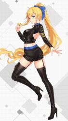 Rule 34 | 1girl, adjusting hair, back cutout, belt, black footwear, black shirt, black shorts, blonde hair, blue belt, blue bow, blue eyes, blush, boots, bow, breasts, closed mouth, clothing cutout, from side, full body, garter straps, girl cafe gun, grid background, hair between eyes, hair bow, hand in own hair, hand up, high heels, highres, juno emmons, leather shirt, leather shorts, leg up, long hair, long sleeves, looking at viewer, looking to the side, medium breasts, micro shorts, official art, outstretched hand, ponytail, profile, shirt, shorts, sidelocks, smile, solo, standing, standing on one leg, thigh boots, very long hair, white background