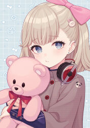Rule 34 | 1girl, blonde hair, blue background, blue eyes, blue jacket, blush, bow, brown coat, closed mouth, coat, commentary request, earrings, hair bow, hair ornament, headphones, headphones around neck, highres, holding, holding stuffed toy, jacket, jewelry, long sleeves, looking at viewer, master detective archives: rain code, pink bow, pout, pucci lavmin, rabbit hair ornament, red bow, shiromikan, short hair, solo, stuffed animal, stuffed toy, teddy bear, upper body