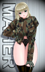 Rule 34 | 1girl, black panties, black thighhighs, blonde hair, bottomless, breasts, camouflage, chichi kurage ss, fatigues, glasses, gloves, green eyes, huge breasts, large breasts, long hair, looking at viewer, military, no pants, panties, solo, thigh gap, thighhighs, thighs, underwear
