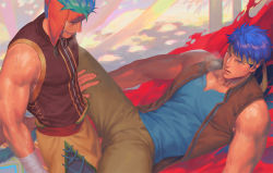 Rule 34 | 2boys, bandages, bara, blue hair, breath, brown eyes, couple, facial mark, fire emblem, fire emblem: path of radiance, grin, ike (fire emblem), looking at another, lying, male focus, multiple boys, muscular, muscular male, nintendo, on back, on bed, open clothes, open mouth, open vest, orange headwear, pants, pectoral cleavage, pectorals, penguin frontier, ranulf (fire emblem), red eyes, shirt, short hair, sleeveless, sleeveless shirt, smile, spread legs, tank top, teeth, vest, yaoi