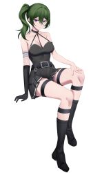 Rule 34 | 1girl, absurdres, bare shoulders, belt, black belt, black choker, black footwear, black gloves, black skirt, boots, breasts, choker, cleavage, commentary, gloves, green hair, halterneck, highres, kakuma, large breasts, long hair, looking at viewer, miniskirt, pleated skirt, purple eyes, side ponytail, simple background, single glove, skirt, smile, solo, sousou no frieren, thigh strap, thighs, ubel (sousou no frieren), white background