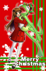 Rule 34 | 1girl, :d, ahoge, bow, brown hair, buttons, christmas, coat, double-breasted, frog, full body, green eyes, hair bow, hyougo kikusuimaru, kermit the frog, long hair, looking at viewer, merry christmas, muppets, open mouth, pantyhose, pleated skirt, red coat, skirt, smile, snowflakes, solo, stuffed animal, stuffed frog, stuffed toy, white pantyhose