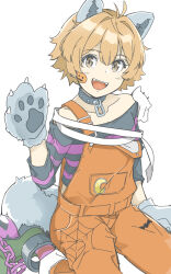 1girl animal_collar animal_ears animal_hands animal_print ball_and_chain_restraint bat_print black_collar brown_eyes brown_hair collar fangs fubupula gloves highres kantai_collection messy_hair oboro_(halloween_mode)_(kancolle) oboro_(kancolle) official_alternate_costume orange_overalls overalls paw_gloves shirt simple_background sitting smile solo spider_web_print sticker_on_face striped_clothes striped_shirt tail wariza white_background wolf_ears wolf_tail