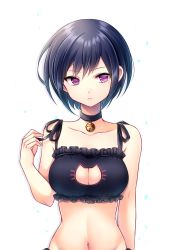 Rule 34 | 1girl, bell, black bra, black hair, bra, breasts, cat cutout, cat lingerie, choker, cleavage, cleavage cutout, closed mouth, clothing cutout, collarbone, commentary, expressionless, frilled bra, frills, hand up, hip focus, holding, jingle bell, koyoka, lingerie, looking to the side, medium breasts, meme attire, mole, mole under eye, navel, neck bell, original, purple eyes, short hair, simple background, solo, tsurime, underwear, upper body, white background