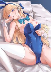 Rule 34 | 1girl, animal ears, bare shoulders, bed, blonde hair, blue archive, blue bow, blue eyes, blue hairband, blue leotard, bow, bowtie, braid, breasts, detached collar, ear piercing, earpiece, fake animal ears, hairband, hand up, highleg, highleg leotard, highres, leotard, leotard pull, long hair, lying, medium breasts, microphone, multicolored hair, nipples, noomaru (nomorepeople), official alternate costume, official alternate hairstyle, on back, on bed, open mouth, piercing, pillow, playboy bunny, rabbit ears, saliva, solo, spread legs, streaked hair, thighhighs, thighs, toki (blue archive), toki (bunny) (blue archive), very long hair, white thighhighs, wrist cuffs