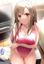 Rule 34 | bare shoulders, blush, breast hold, breasts, brown eyes, brown hair, cleavage, collarbone, commentary request, competition swimsuit, controller, covered navel, highleg, highres, idolmaster, idolmaster cinderella girls, light, long hair, mizumoto yukari, mk (mod0), one-piece swimsuit, remote control, solo, swimsuit, television