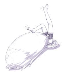 Rule 34 | 1girl, barefoot, bike shorts, fox tail, from behind, greyscale, head out of frame, inugami-ke no ichizoku pose, jaco, large tail, lower body, monochrome, original, purple theme, shorts, simple background, sketch, solo, stuck, sweater, tail, through ground, upside-down, white background