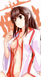 Rule 34 | 10s, 1girl, absurdres, akagi (kancolle), bottomless, breasts, brown eyes, brown hair, female focus, highres, japanese clothes, kantai collection, large breasts, long hair, naked shirt, navel, no bra, open clothes, open shirt, pxf, ringed eyes, shirt, simple background, solo, upper body