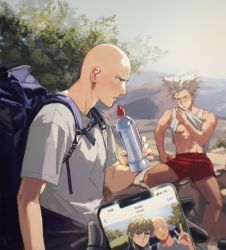 Rule 34 | 3boys, abs, backpack, bag, bald, bara, blush, bottle, clothes lift, ctstudio (executional), day, garou (one-punch man), genos, holding, holding bottle, holding phone, large pectorals, lifting own clothes, looking at another, male focus, multiple boys, muscular, muscular male, navel, nipples, one-punch man, outdoors, pectorals, phone, red shorts, saitama (one-punch man), shirt, short hair, shorts, sky, spiked hair, sweat, tank top, water, water bottle, white hair, white shirt, white tank top