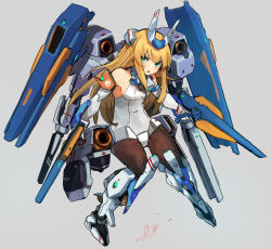 Rule 34 | 1girl, aqua eyes, baselard, black pantyhose, blonde hair, breasts, doll joints, frame arms girl, full body, grey background, hair between eyes, highres, holding, holding weapon, joints, leotard, long hair, mecha musume, pantyhose, parted lips, signature, simple background, small breasts, solo, sunday aki, very long hair, weapon, white leotard