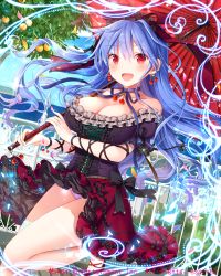 Rule 34 | 1girl, black bow, black ribbon, blush, bow, breasts, cleavage, earrings, falkyrie no monshou, holding, holding umbrella, jewelry, large breasts, light purple hair, long hair, looking at viewer, natsumekinoko, official art, open mouth, parasol, red eyes, red ribbon, ribbon, smile, solo, umbrella