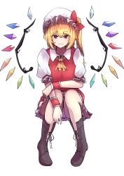 Rule 34 | 1girl, absurdres, alternate footwear, ascot, blonde hair, boots, cross-laced footwear, crystal, flandre scarlet, full body, hair between eyes, hat, highres, invisible chair, lace-up boots, light blush, looking at viewer, medium hair, mob cap, one side up, panties, pantyshot, red eyes, red vest, short sleeves, simple background, sitting, skirt, smile, solo, touhou, underwear, vest, white background, wings, wrist cuffs, yagoro kusuriya