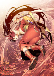 Rule 34 | 1girl, bikini, bikini top only, black hair, breasts, detached sleeves, dress, dual wielding, highres, holding, japanese clothes, katana, kimono, kunieda, light particles, long hair, mask, obi, off shoulder, oni mask, open mouth, original, ponytail, red dress, red eyes, reverse grip, sash, shoe soles, solo, swimsuit, sword, underboob, very long hair, weapon