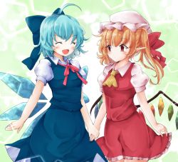 Rule 34 | 2girls, ahoge, alternate hair color, ascot, blue bow, blue dress, blue hair, blush, bow, bowtie, breasts, buttons, cirno, closed mouth, collared shirt, commentary request, crystal, dress, closed eyes, flandre scarlet, frills, green background, hat, hat ribbon, hexagon, ice, ice wings, jewelry, jyaoh0731, looking at another, medium breasts, mob cap, multicolored wings, multiple girls, one side up, open mouth, orange hair, pink bow, pink bowtie, pointy ears, puffy short sleeves, puffy sleeves, red eyes, red ribbon, red skirt, red vest, ribbon, shirt, short hair, short sleeves, skirt, smile, standing, tongue, touhou, v-shaped eyebrows, vest, white background, white headwear, white shirt, wings, yellow ascot, yuri