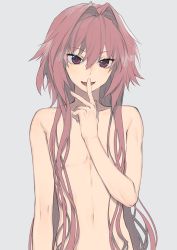 Rule 34 | 1boy, androgynous, astolfo (fate), bad id, bad twitter id, fang, fate/grand order, fate (series), grey background, hair down, hair intakes, highres, hita (hitapita), long hair, male focus, nude, open mouth, pink hair, purple eyes, simple background, skin fang, smile, solo, toned, trap