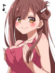 Rule 34 | 1girl, absurdres, bad id, bad pixiv id, breasts, brown eyes, brown hair, closed mouth, collarbone, gakkou gurashi!, hair ornament, hairclip, highres, large breasts, long hair, looking at viewer, mole, mole under eye, musical note, simple background, sinakyo, sketch, smile, solo, upper body, wakasa yuuri, white background