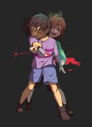 Rule 34 | aiming, aiming at viewer, androgynous, bad id, bad twitter id, blood, blood on face, boots, brown hair, chara (undertale), chunue-o!, closed eyes, frisk (undertale), full body, gender request, grey background, knife, long sleeves, looking at another, open mouth, parted lips, red eyes, shirt, short hair, shorts, smile, spoilers, striped clothes, striped shirt, undertale