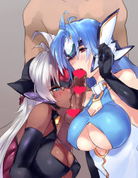 Rule 34 | 00s, 1boy, 2girls, adjusting hair, bare shoulders, blue eyes, blue hair, blush, breasts, censored, cleavage, cleavage cutout, clothed female nude male, clothing cutout, collar, collarbone, dark skin, elbow gloves, covered erect nipples, erection, fellatio, gloves, heart, heart censor, huge breasts, kos-mos, light purple hair, long hair, looking down, looking to the side, md5 mismatch, cooperative fellatio, multiple girls, negresco, nude, one eye closed, oral, pale skin, penis, red eyes, t-elos, teamwork, testicles, underboob, xenosaga, xenosaga episode iii