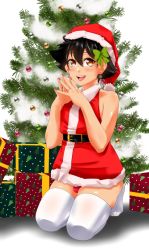 Rule 34 | 1boy, absurdres, androgynous, ash ketchum, bad id, bad pixiv id, bare arms, black hair, box, bulge, bush, christmas, christmas tree, cosplay, covering own mouth, creatures (company), crossdressing, dress, earrings, fingernails, full body, game freak, gift, gift box, happy, hat, highres, jewelry, kneeling, lips, looking at viewer, nintendo, open mouth, pokemon, pokemon (anime), pokemon (classic anime), santa hat, short hair, simple background, smile, solo, suiren ciao, trap, underwear, white legwear