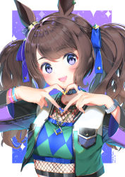 Rule 34 | 1girl, animal ears, artist name, belt collar, blush, bracelet, breast pocket, brown hair, clothes writing, collar, commentary request, cropped jacket, dated, fishnets, glint, heart, heart hands, highres, horse ears, jewelry, long hair, long sleeves, looking at viewer, mochiko tsuru, multicolored nails, nail polish, necklace, open mouth, pocket, purple eyes, ring, smile, solo, teeth, tosen jordan (umamusume), twintails, umamusume, upper body, upper teeth only, watch, wristwatch
