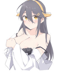 Rule 34 | 1girl, bare shoulders, black bra, black hair, bra, hair between eyes, hair ornament, hairclip, haruna (kancolle), headgear, ieufg, kantai collection, long hair, looking at viewer, simple background, solo, underwear, upper body, white background, yellow eyes
