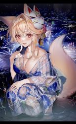 Rule 34 | 1girl, :d, animal ear fluff, animal ears, blonde hair, blush, breasts, cleavage, collarbone, fox ears, fox girl, fox mask, fox tail, hair ornament, highres, japanese clothes, kawachi rin, kimono, long hair, looking at viewer, mask, mask on head, obi, open mouth, original, red eyes, sash, smile, solo, squatting, tail, water