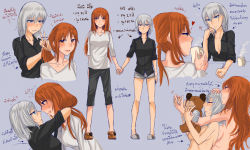 Rule 34 | 10s, 2girls, alternate hair length, alternate hairstyle, arms around neck, blush, boko (girls und panzer), breasts, brown hair, captainkuma, character sheet, couple, female focus, girls und panzer, highres, itsumi erika, long hair, multiple girls, nishizumi miho, aged up, short hair, silver hair, text focus, translation request, upper body, yuri