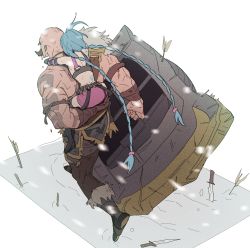 Rule 34 | 1boy, 1girl, absurdres, arrow (projectile), bare shoulders, blue hair, braid, braum (league of legends), carrying, facial hair, gloves, highres, injury, jinx (league of legends), knife, league of legends, long hair, muscular, mustache, piggyback, shorts, snow, snowing, tattoo, twin braids, twintails, very long hair, weapon, zaket07