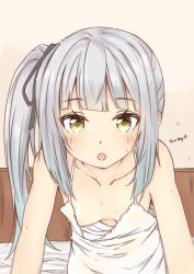 Rule 34 | 1girl, :o, arm support, bare shoulders, bed, bed sheet, bedroom, black ribbon, blush, breasts, collarbone, commentary request, downblouse, grey hair, hair ribbon, kantai collection, kasumi (kancolle), long hair, looking at viewer, nagi (shunsuke-manage), no bra, on bed, open mouth, ribbon, side ponytail, sleepwear, small breasts, solo, sweat, twitter username, yellow eyes